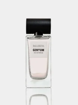 Clear glass perfume bottle of Genyum Ballerina with black cap, inspired by the grace of dance, showcasing the artistic fragrance collection.
