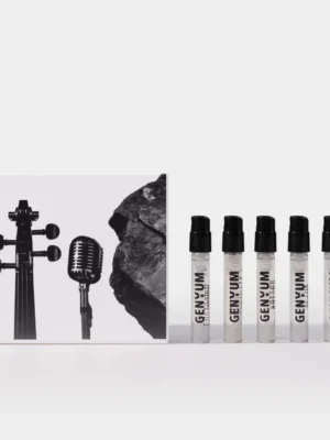 Genyum Discovery Set featuring various perfume samples on a light grey background, niche fragrance discovery kit for art lovers.