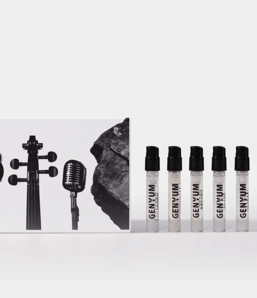 Genyum Discovery Set featuring various perfume samples on a light grey background, niche fragrance discovery kit for art lovers.